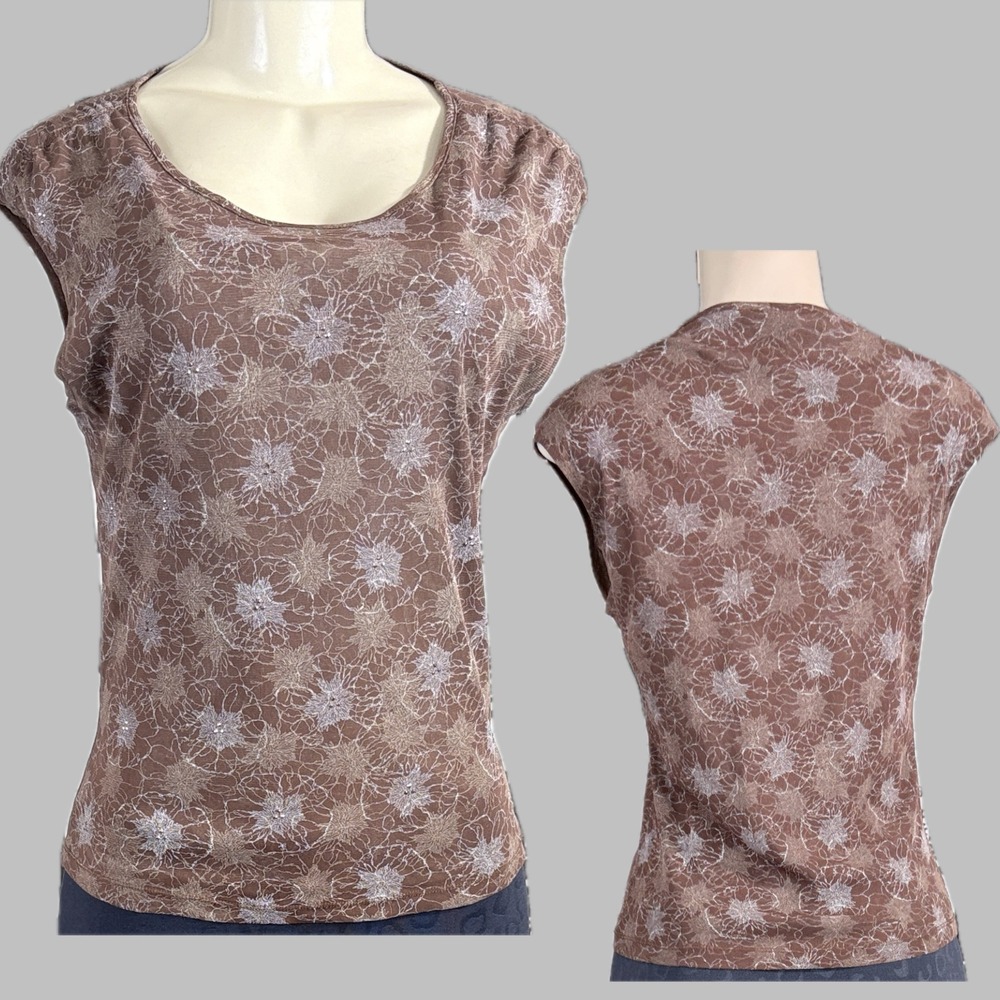The limited L Vintage 90s Brown Mesh Lined Intricate Floral Studded Shell Blouse